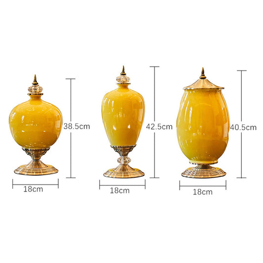 SOGA 2x 38cm Ceramic Oval Flower Vase with Gold Metal Base Yellow