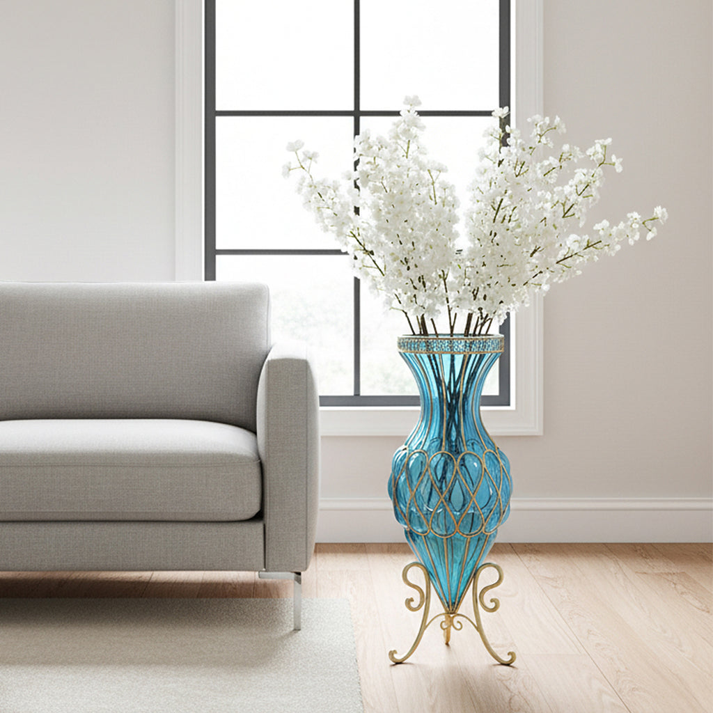 SOGA 67cm Blue Glass Tall Floor Vase with 10pcs White Artificial Fake Flower Set