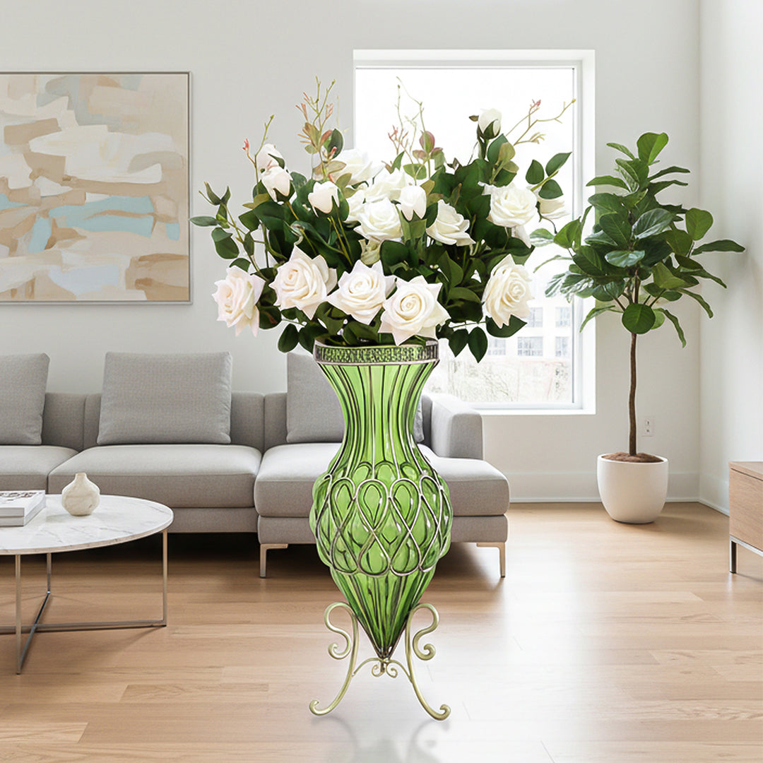 SOGA 67cm Green Glass Tall Floor Vase and 12pcs White Artificial Fake Flower Set