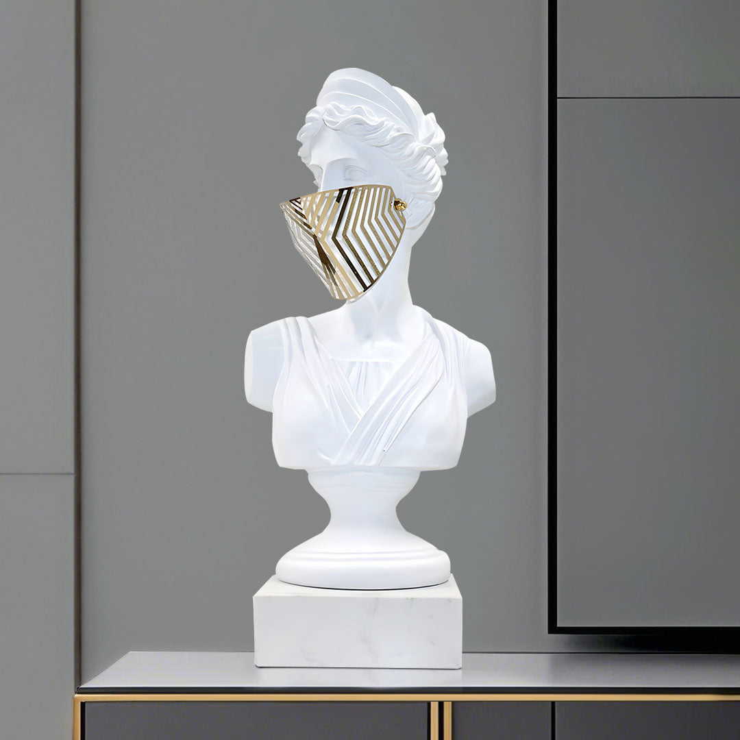 SOGA 45cm White Resin Bust – Gold Striped Mask Sculpture