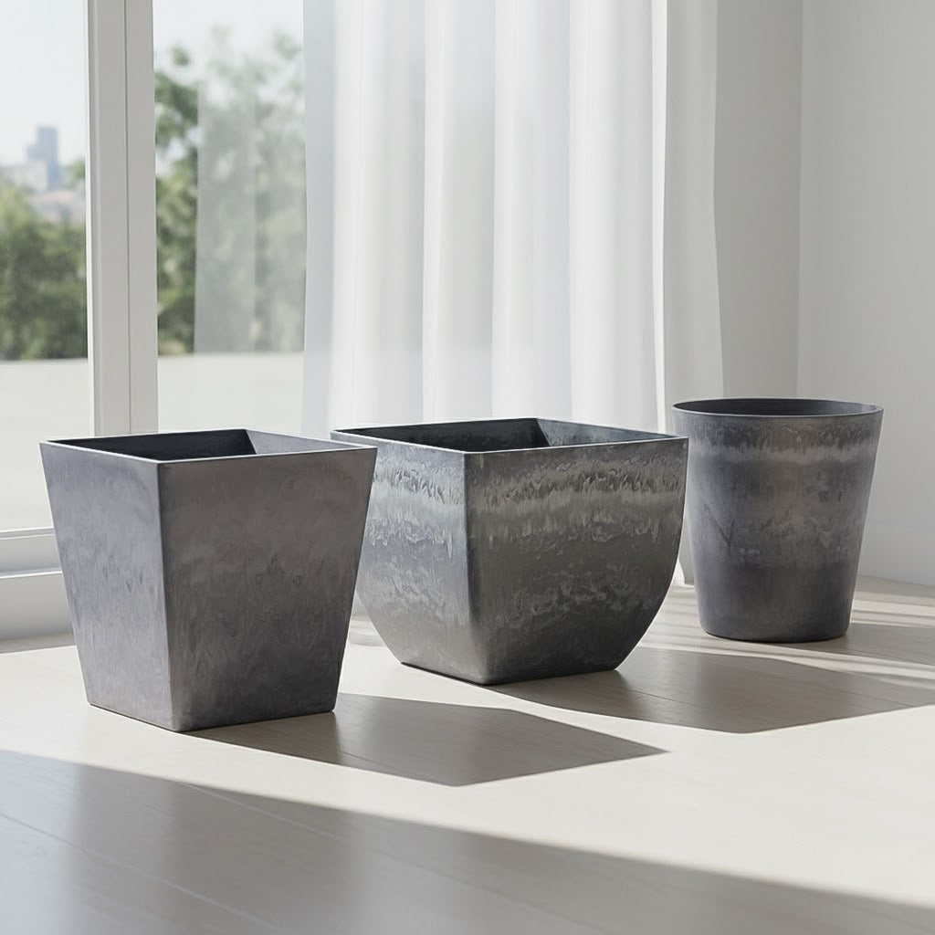 SOGA Home & Living Bundle – Weathered Grey Square & Round Resin Plant Pots for Indoor Decor