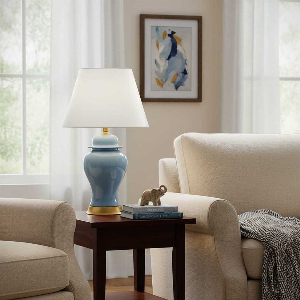 SOGA Oval Ceramic Table Lamp with Gold Metal Base Desk Lamp Blue
