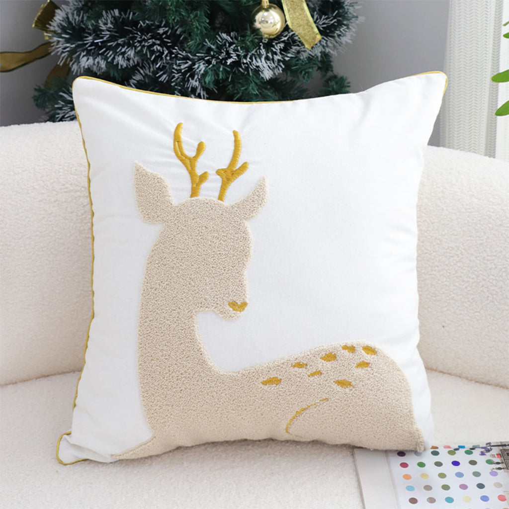 SOGA 2X 45cm Whimsical Beige Reindeer Applique Gold Accent Throw Pillow