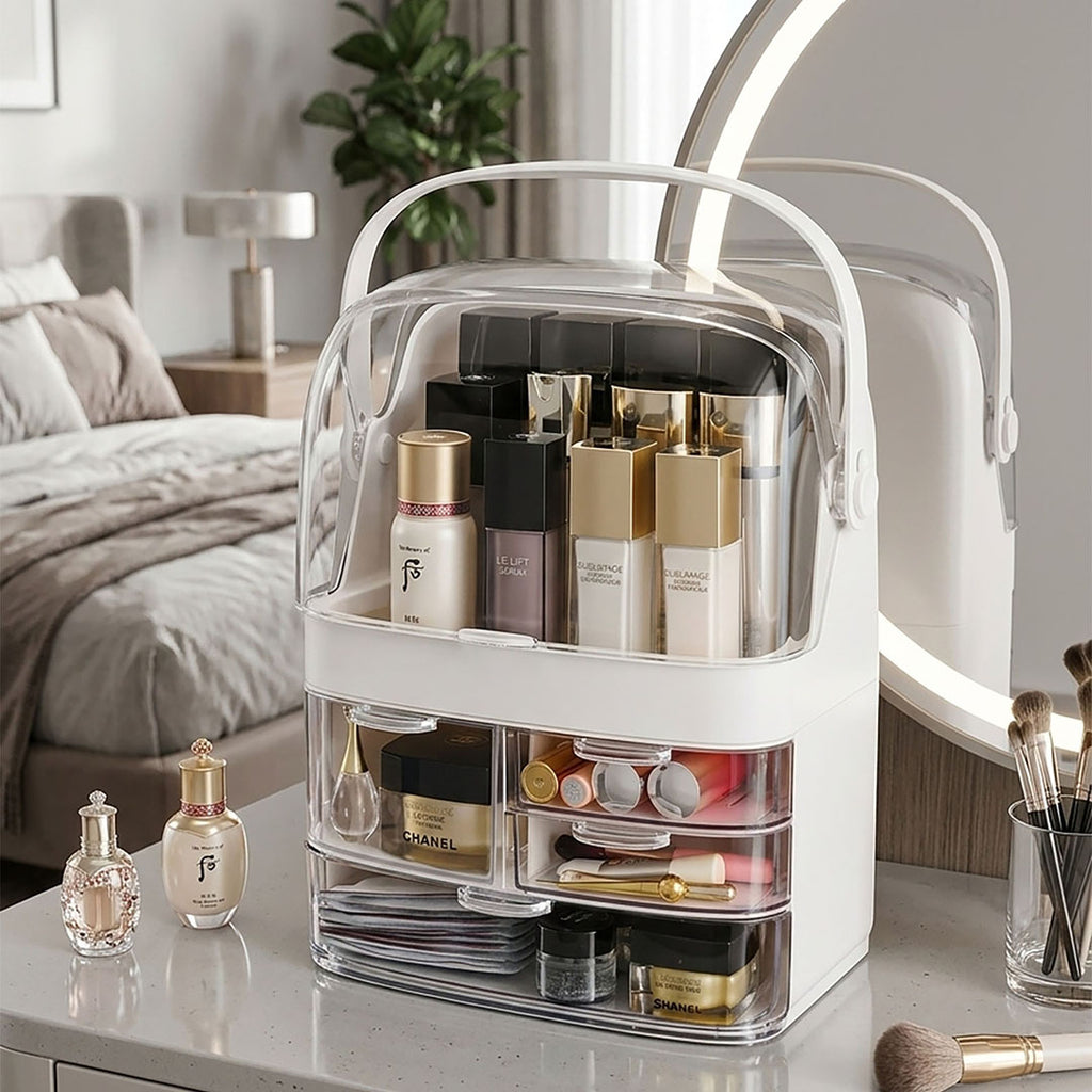 SOGA 2X 3 Tier White Countertop Makeup Cosmetic Storage Organiser Skincare Holder Jewelry Storage Box with Handle