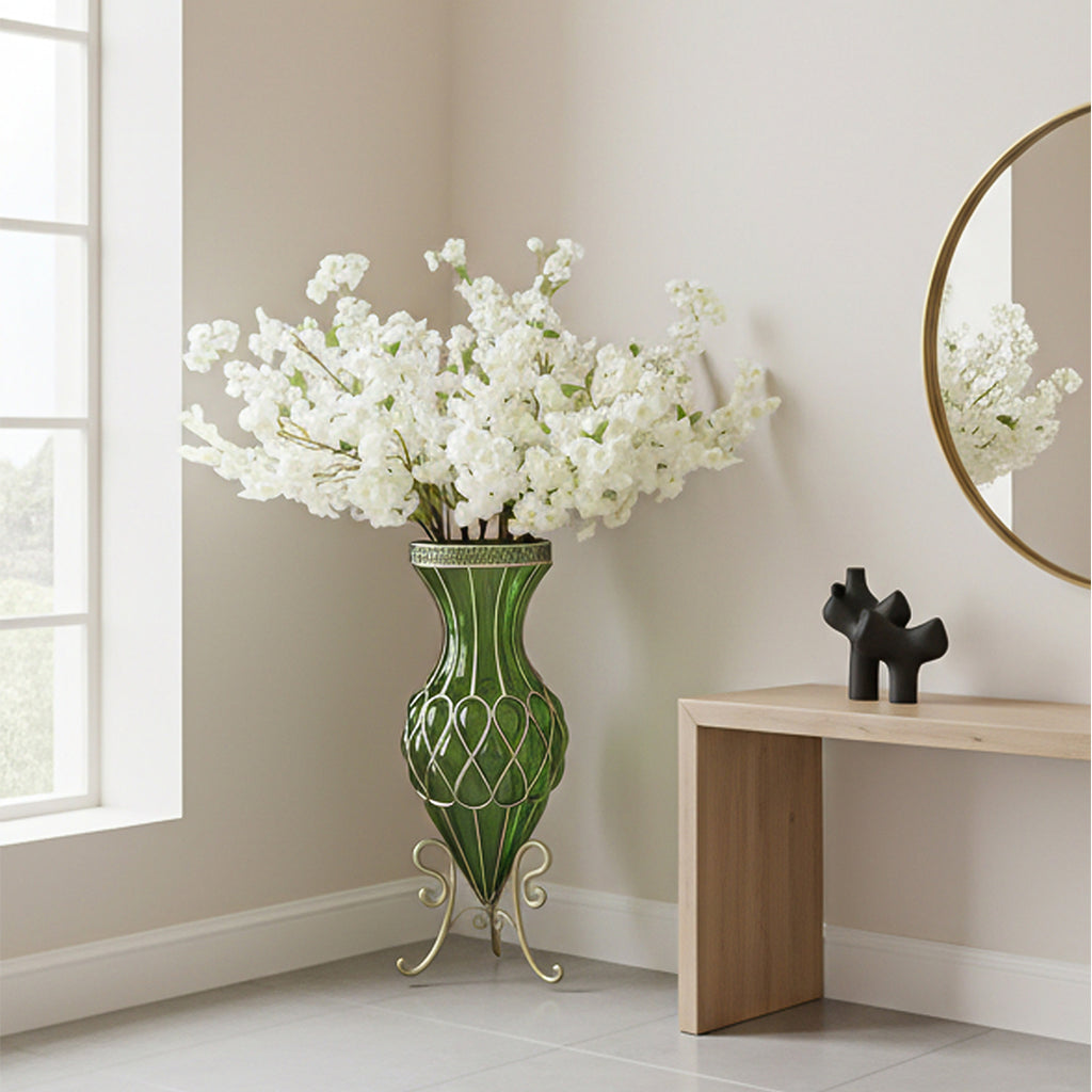 SOGA 67cm Green Glass Tall Floor Vase with 10pcs White Artificial Fake Flower Set