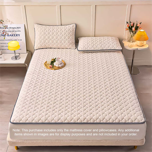 SOGA Beige 138cm Wide Mattress Cover Thick Quilted Fleece Stretchable Clover Design Bed Spread Sheet Protector with Pillow Covers
