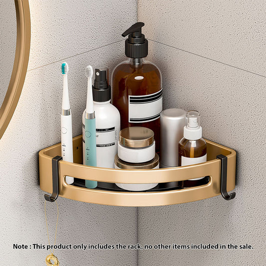 SOGA 2X Gold Wall-Mounted Triangular Bathroom Storage Corner Vanity Organiser Space Saving Adhesive Shelf Rack with Hooks