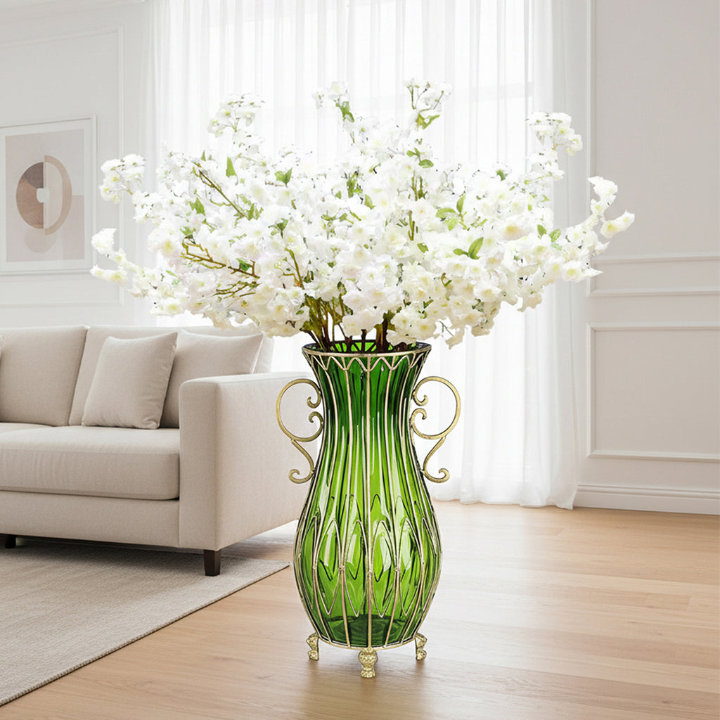 SOGA 51cm Green Glass Tall Floor Vase and 10pcs White Artificial Fake Flower Set