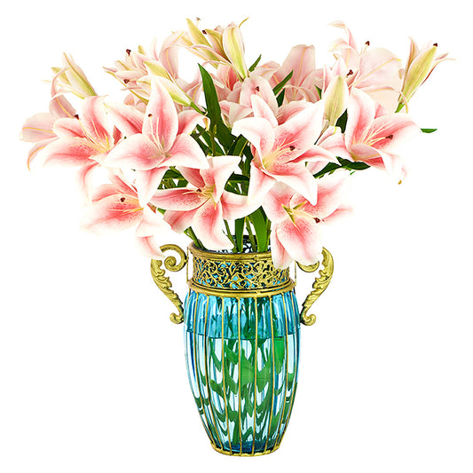 SOGA Blue European Colored Glass Home Decor Jar Flower Vase with Two Metal Handle