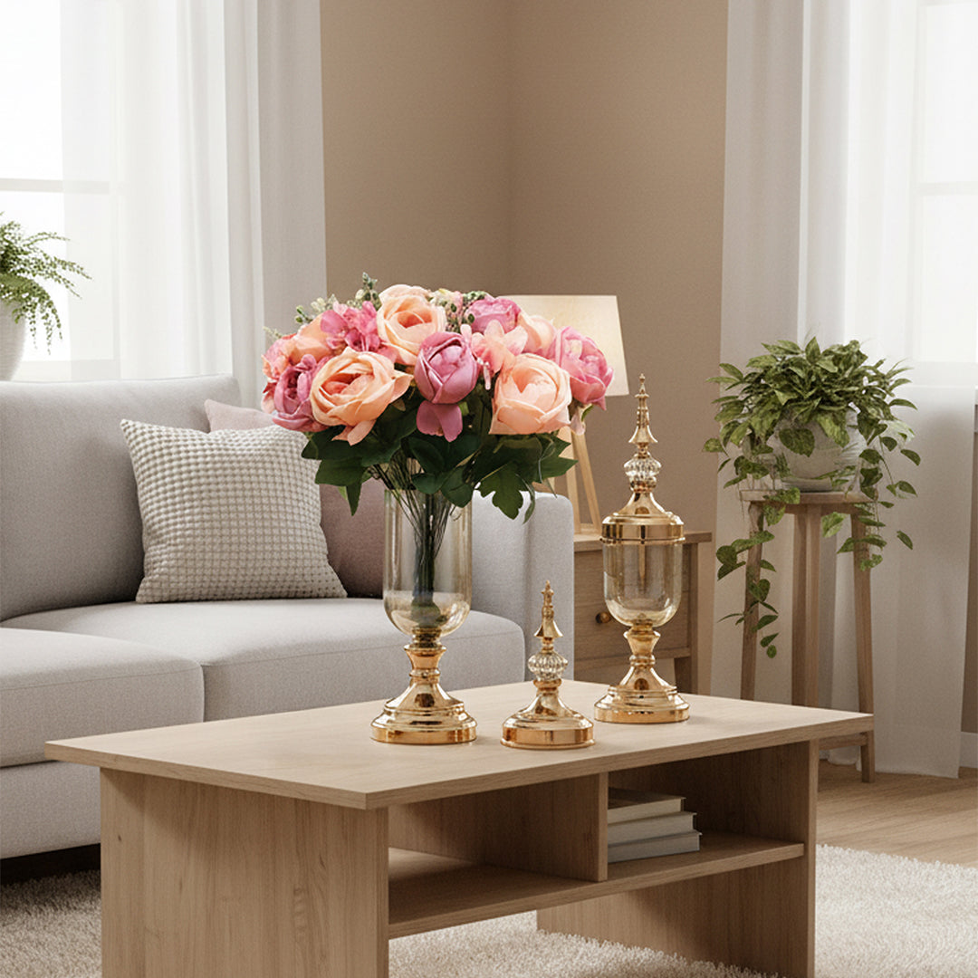 SOGA 2 x Clear Glass Flower Vase with Lid and Pink Flower Filler Vase Gold Set