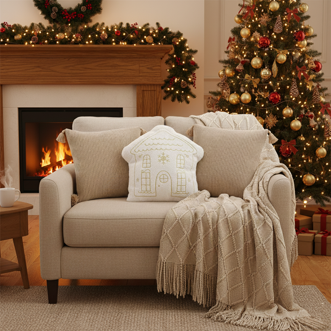SOGA Christmas Bundle – 2 Khaki Wabi-Sabi & White Christmas House Pillows with Beige Knitted Throw $ 257