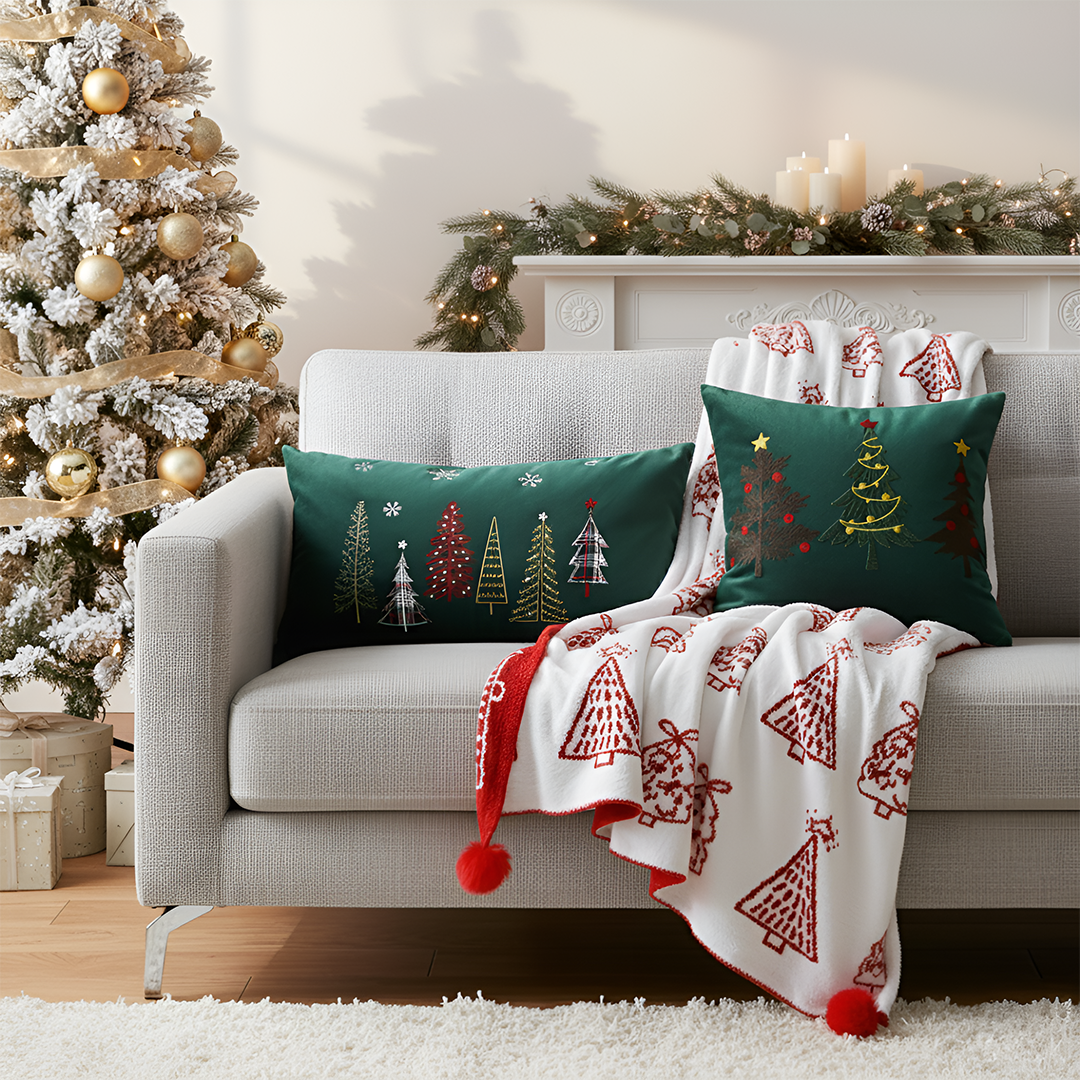 SOGA Christmas Bundle – Red Christmas Tree Fleece Throw & Green Embroidered Holiday Pillows $ 203