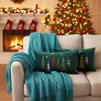 SOGA Christmas Bundle C – 2 Dark Green Christmas Forest Lumbar Pillow & Teal Knitted Throw Blanket