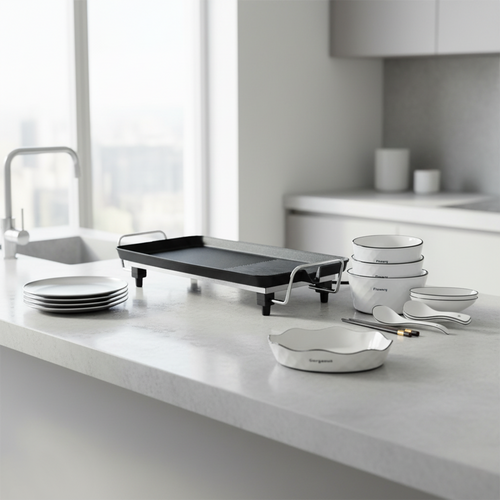 SOGA Kitchenware Bundle Q – Electric BBQ Teppanyaki Grill, Diamond Ceramic Dinnerware & Silver Grilling Plate