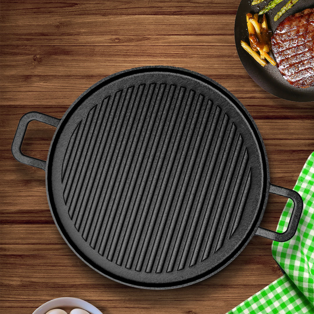 SOGA 30cm Ribbed Cast Iron Frying Pan Skillet Steak Sizzle Platter