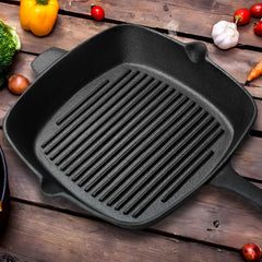 SOGA 26cm Square Ribbed Cast Iron Frying Pan Skillet Steak Sizzle Platter with Handle