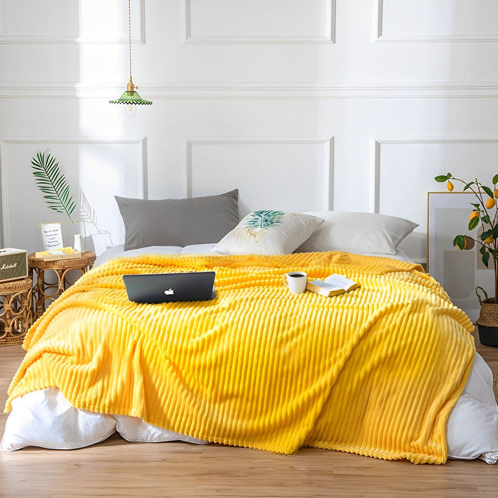 SOGA 2X Yellow Throw Blanket Warm Cozy Striped Pattern Thin Flannel Coverlet Fleece Bed Sofa Comforter