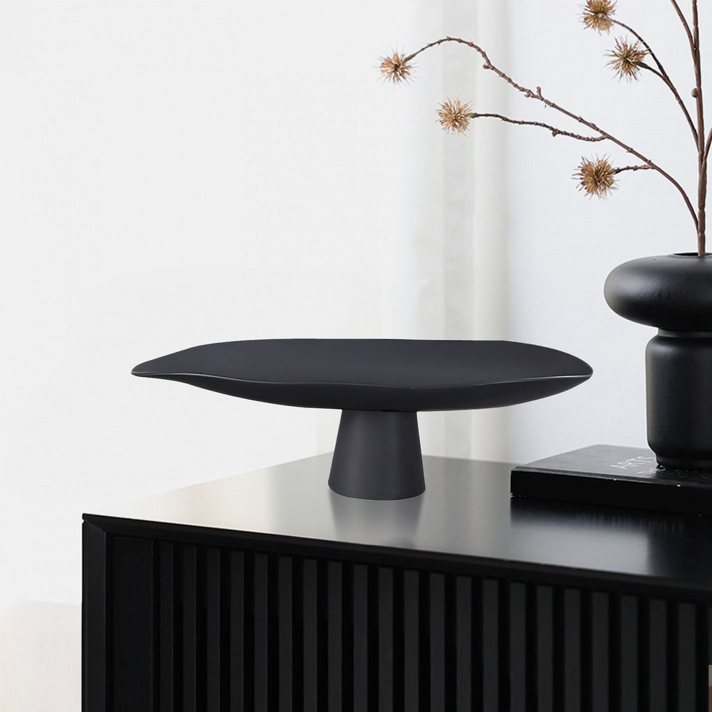 SOGA 46cm Black Ceramic Decorative Plate on Pedestal Stand