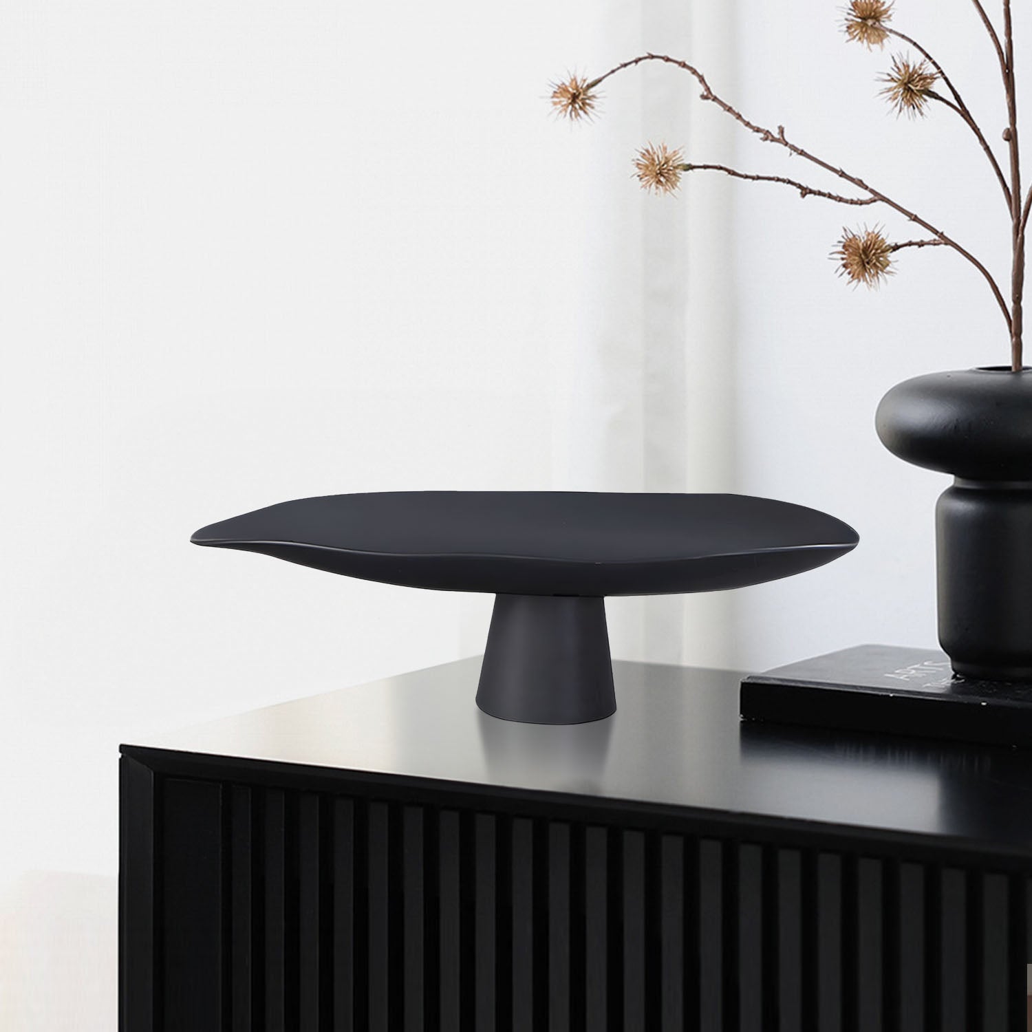 SOGA 46cm Black Ceramic Decorative Plate on Pedestal Stand