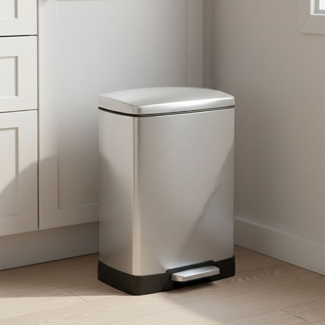 SOGA Foot Pedal Stainless Steel Rubbish Recycling Garbage Waste Trash Bin Rectangular Shape 12L Silver
