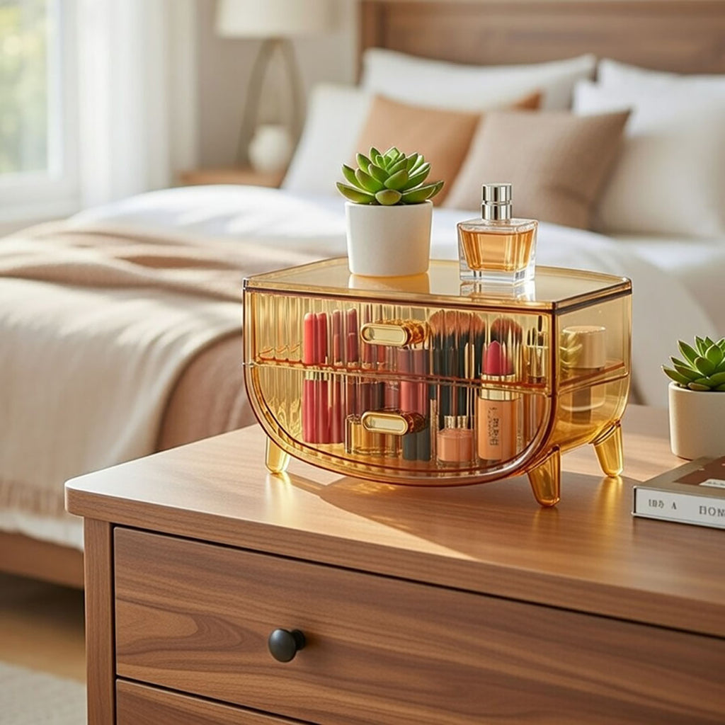 SOGA 2X 2 Tier Golden Yellow Multifunctional Countertop Cosmetic Storage Makeup Skincare Holder Jewelry Cabinet Bathroom Desk Drawer Vanity Organiser