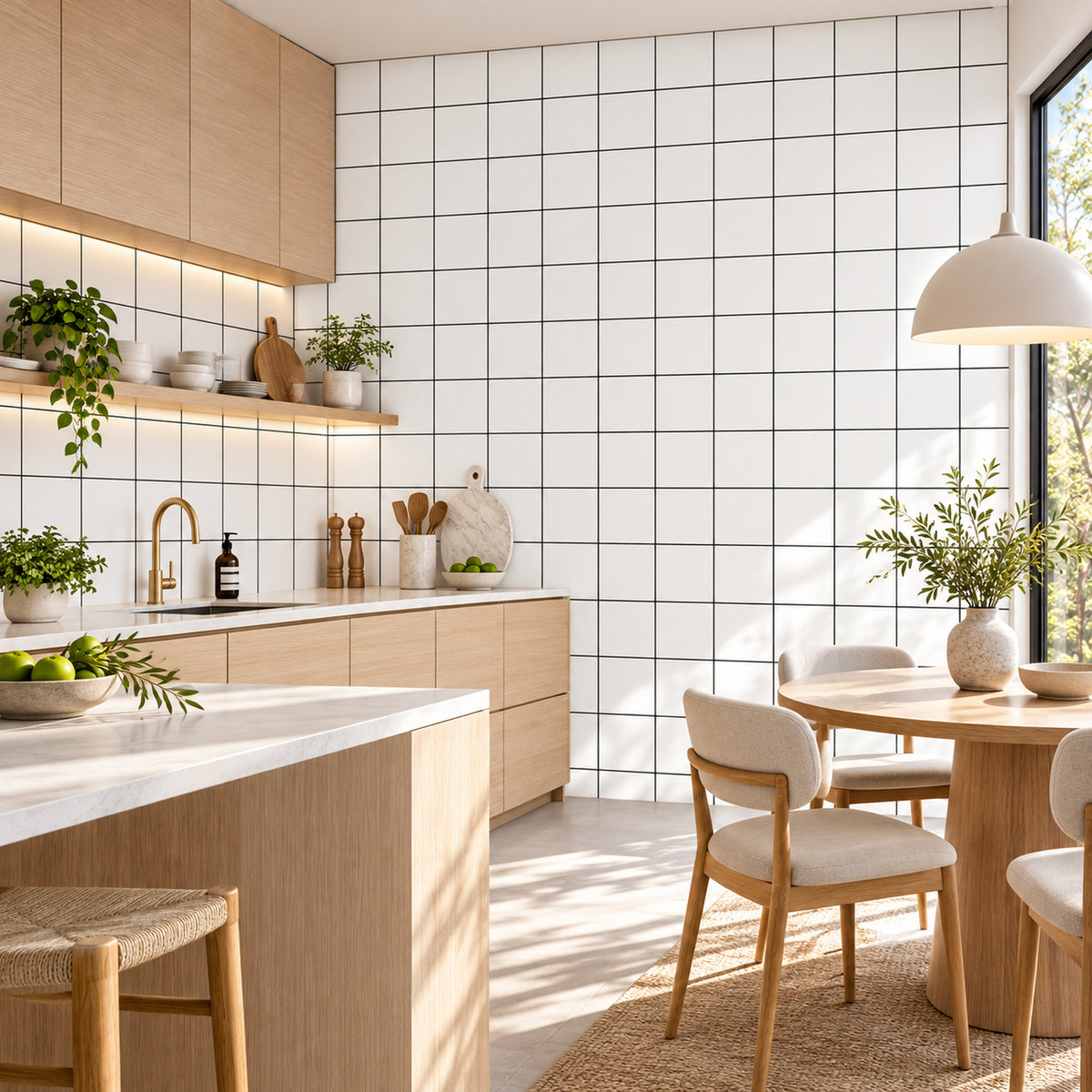 SOGA Peel & Stick Floor and Wall Tiles 30 x 60cm 10 Pack White Grid Tile Look