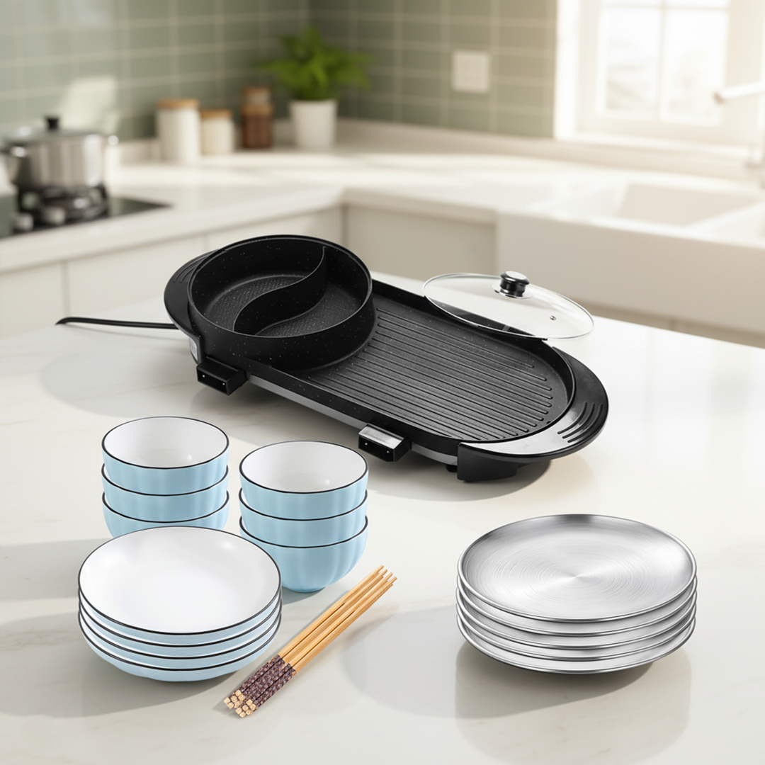 SOGA Kitchenware Bundle – 2-in-1 Electric BBQ Teppanyaki Grill, Blue Ceramic Dinnerware & Silver Grilling Plate