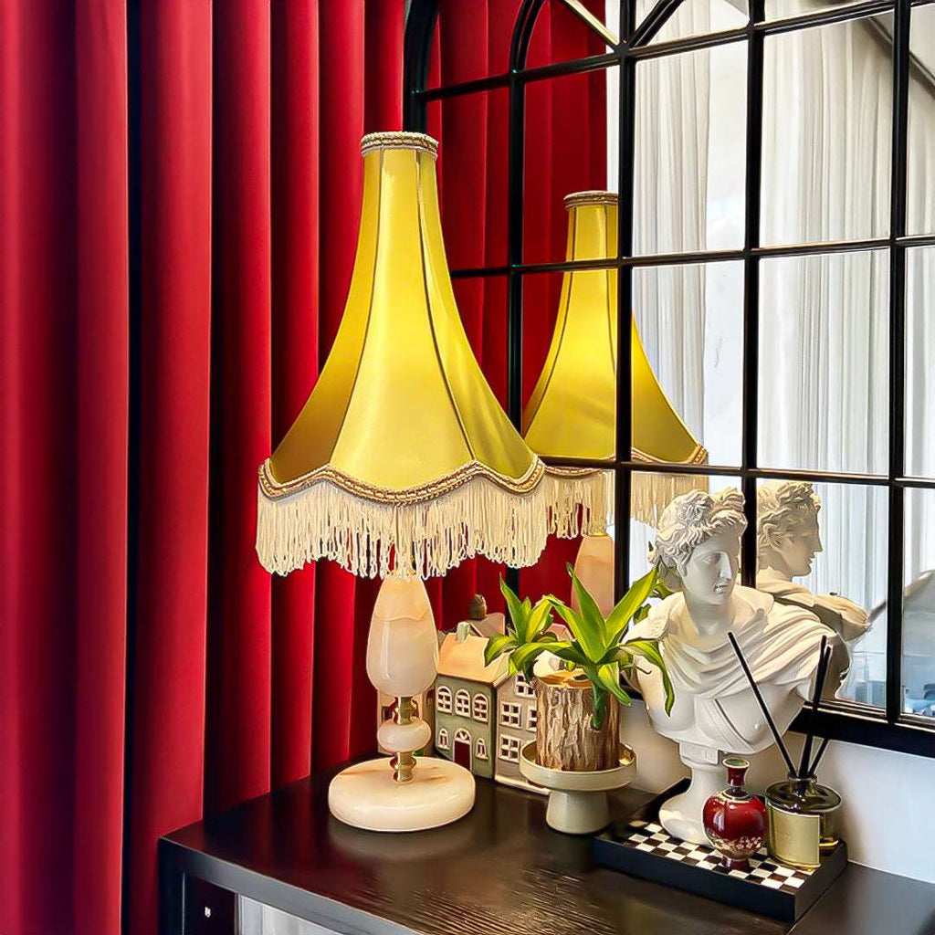 SOGA Jade Stone Base Table Lamp Vintage Yellow Shade Tassel Fringe Bedside Desk Light $ 295