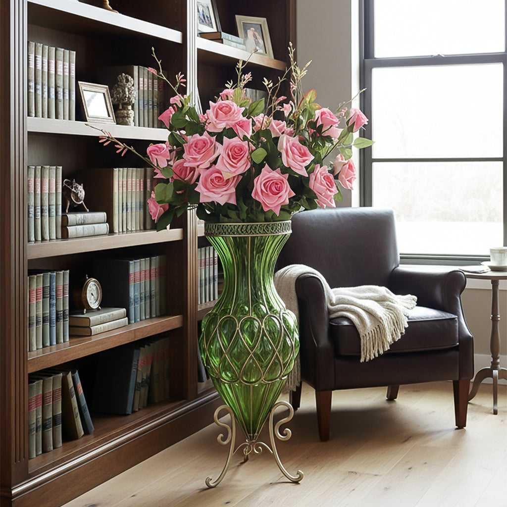 SOGA 67cm Green Glass Tall Floor Vase and 12pcs Pink Artificial Fake Flower Set