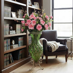 SOGA 67cm Green Glass Tall Floor Vase and 12pcs Pink Artificial Fake Flower Set