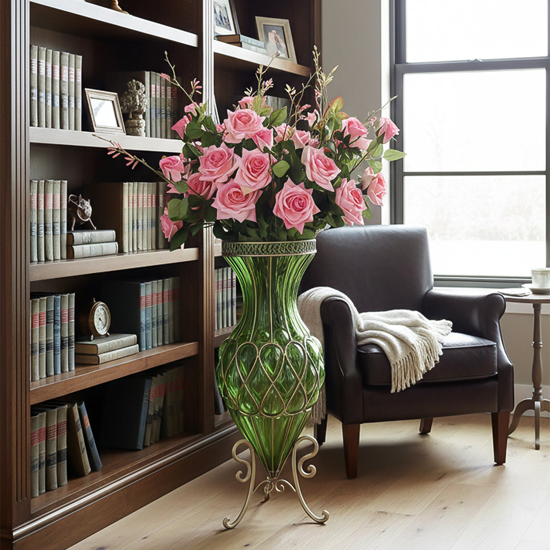 SOGA 67cm Green Glass Tall Floor Vase and 12pcs Pink Artificial Fake Flower Set