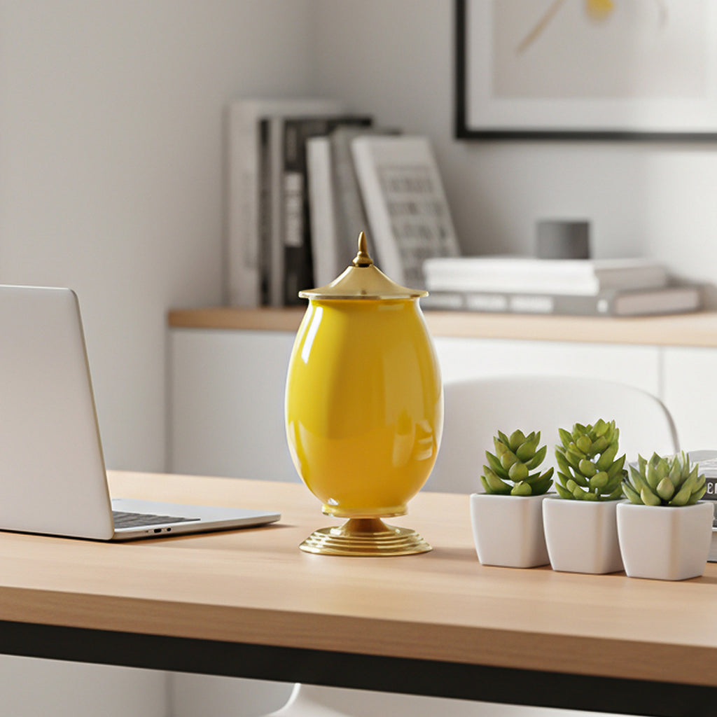 SOGA 40cm Ceramic Oval Flower Vase with Gold Metal Base Yellow