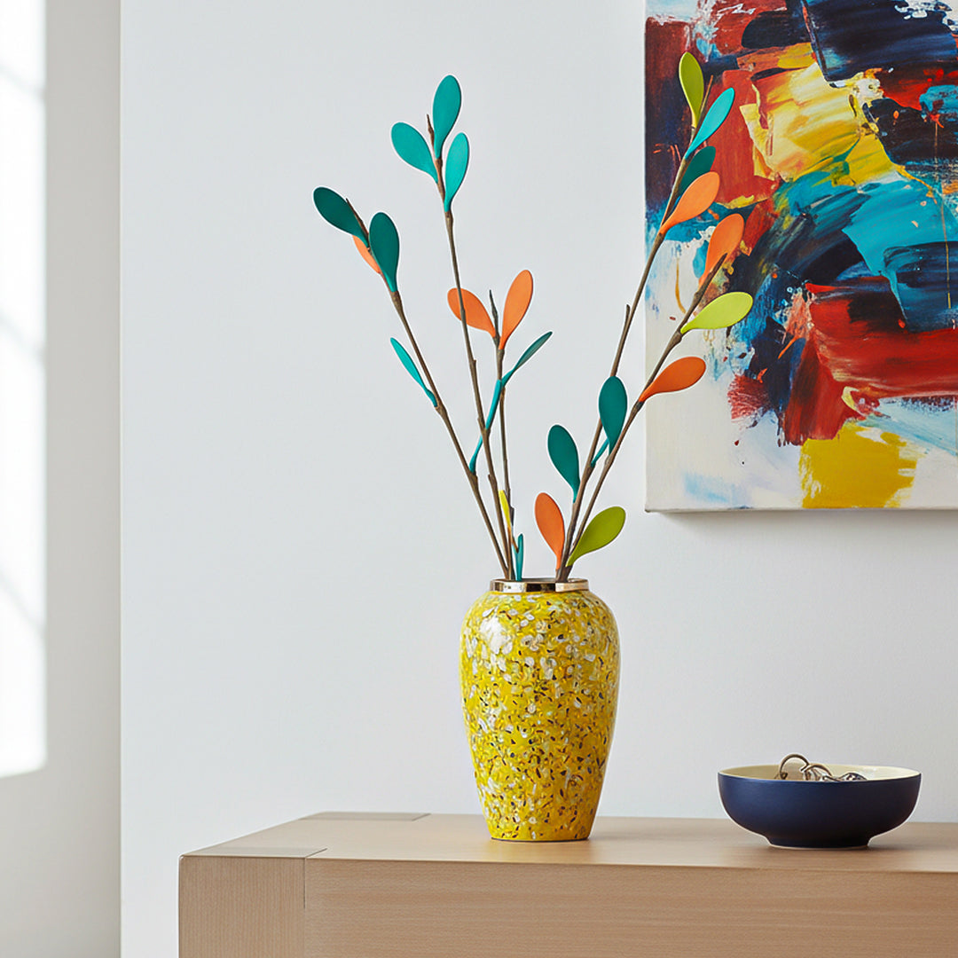 SOGA 30x19cm Yellow with White Mini Floral Medium Ceramic Flower Vase Elegant Living Room Home Decor