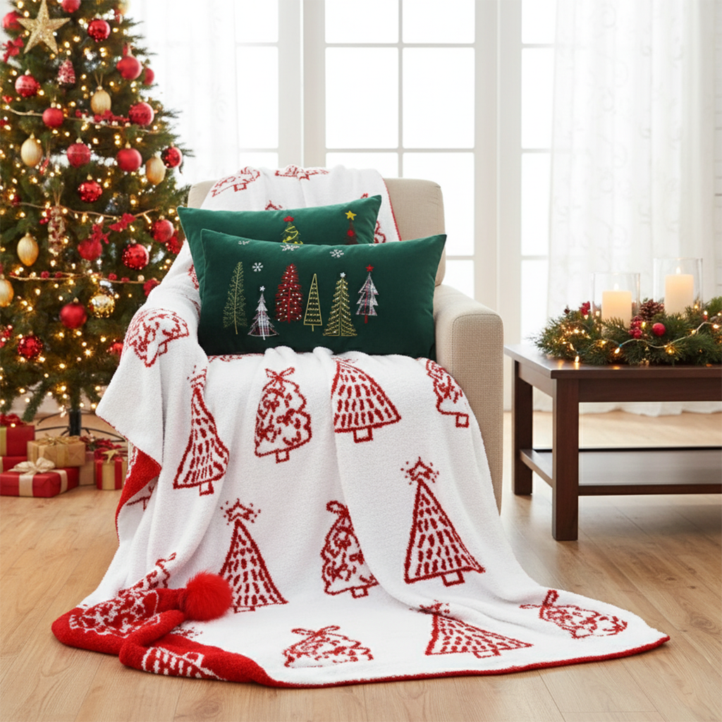 SOGA Christmas Bundle – Red Christmas Tree Fleece Throw & Green Embroidered Holiday Pillows $ 203