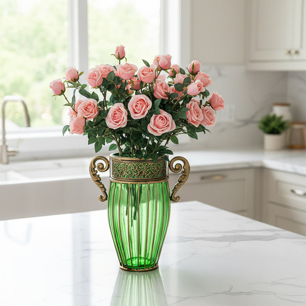 SOGA Green Glass Flower Vase with 8 Bunch 5 Heads Artificial Fake Silk Rose Home Decor Set