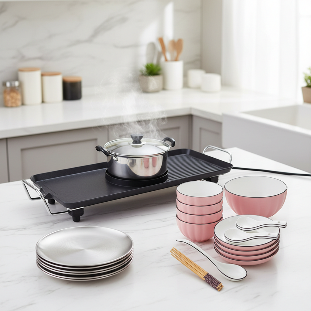 SOGA Kitchenware Bundle – Electric Steamboat Hot Pot, Pink Ceramic Dinnerware & Silver Grilling Plate
