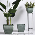 SOGA 2X 32cm Green Grey Square Resin Plant Flower Pot in Cement Pattern Planter Cachepot for Indoor Home Office