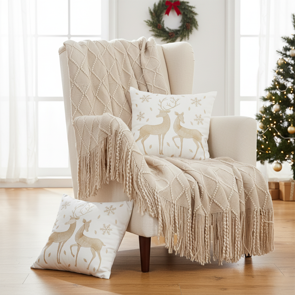 SOGA Christmas Bundle – 2 White Gold Reindeer Throw Pillows & Beige Diamond Throw Blanket $ 157