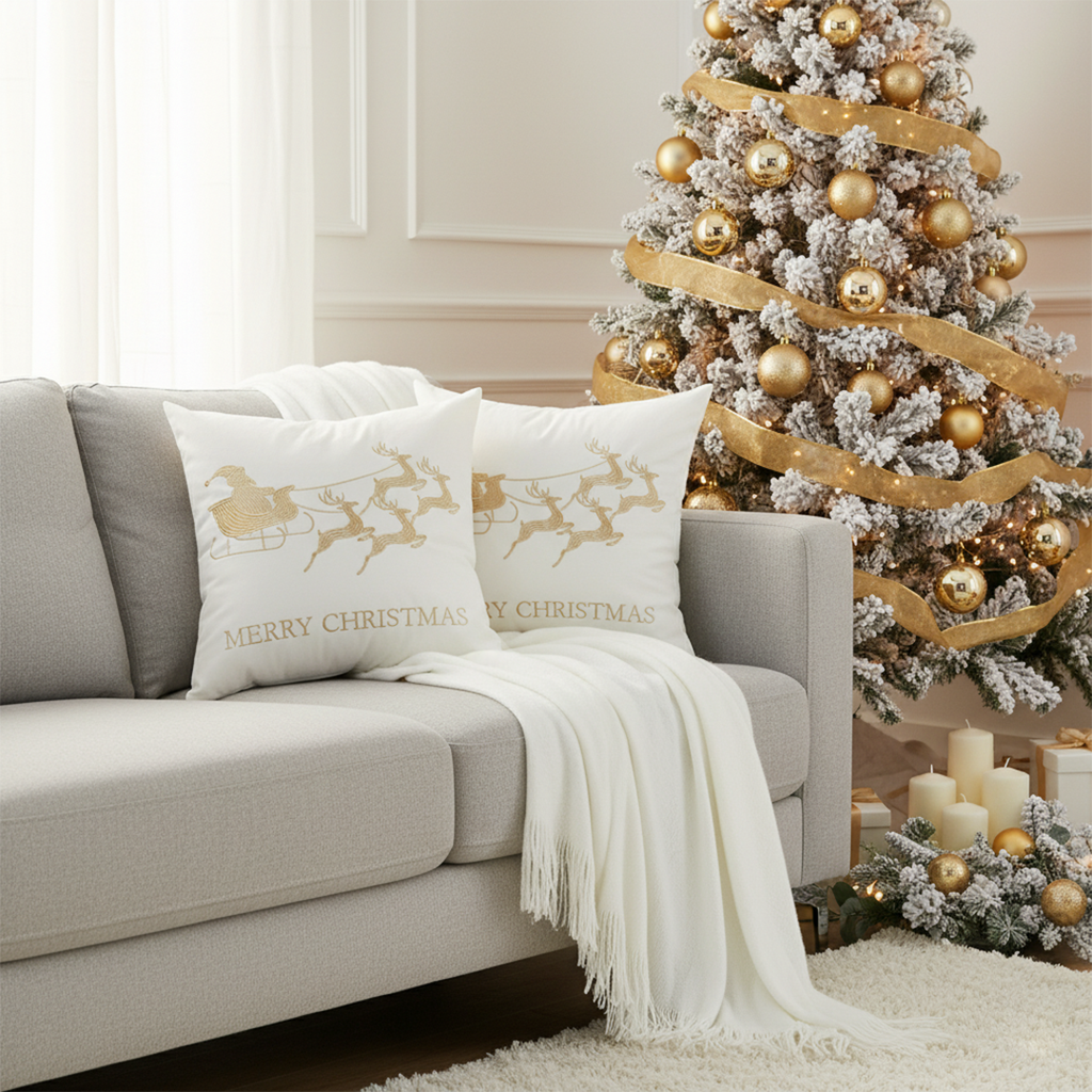 SOGA Christmas Bundle – 2 White & Gold Christmas Sleigh Pillow & White Knitted Throw Blanket $ 164