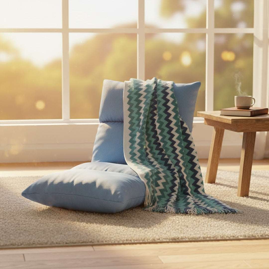 SOGA Home & Living Bundle – Blue Zigzag Knitted Throw Blanket & Blue Adjustable Floor Recliner $ 0