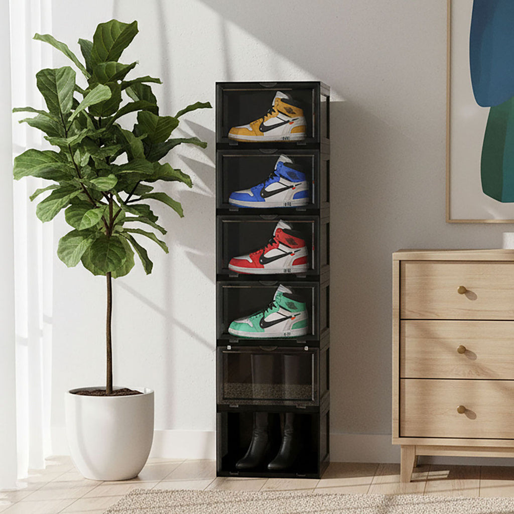 SOGA 6 Tier Black Portable Shoe Organiser Sneaker Footwear Folding Plastic Bin Stackable Storage Box with Magnetic Door