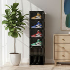 SOGA 6 Tier Black Portable Shoe Organiser Sneaker Footwear Folding Plastic Bin Stackable Storage Box with Magnetic Door