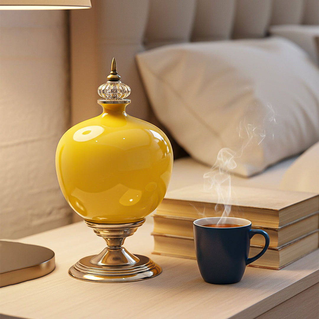 SOGA 2x 38cm Ceramic Oval Flower Vase with Gold Metal Base Yellow