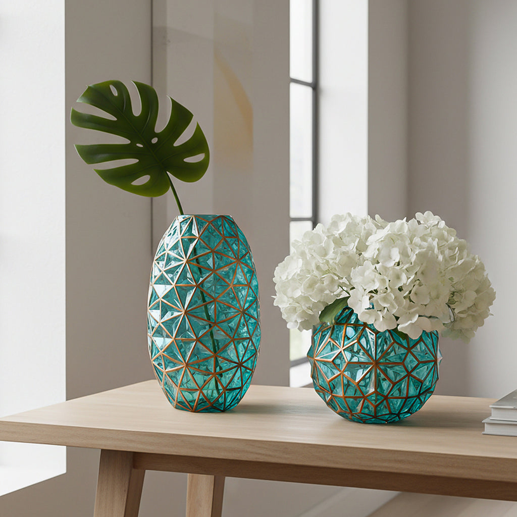 SOGA Green Colored Diamond Cut Glass Flower Vase Round Jar Home Decor with Gold Accent