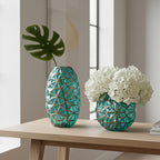SOGA Green Colored Diamond Cut Glass Flower Vase Round Jar Home Decor with Gold Accent