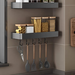 SOGA 2X 42cm Black Wall-Mounted Rectangular Kitchen Spice Storage Organiser Space Saving Condiments Shelf Rack with Hooks
