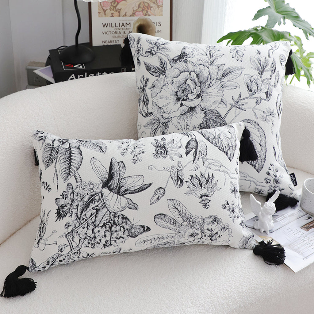 SOGA 2X 35cm Throw Pillow  Black and White Floral Print Elegant with Tassel Accents Home Decor