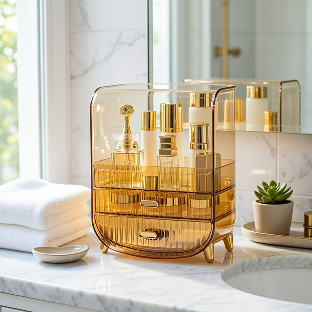 SOGA 2X 3 Tier Golden Yellow Multifunctional Countertop Cosmetic Storage Makeup Perfume Skincare Display Stand Shelf Drawer Type Organiser