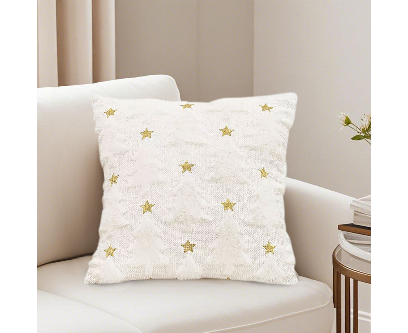 SOGA 45cm Celestial Cream Textured Gold Star Pattern Throw Pillow