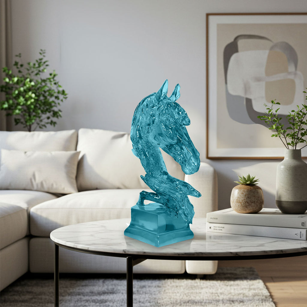 SOGA 37cm Blue Horse Head Resin Sculpture Flowing Mane Design